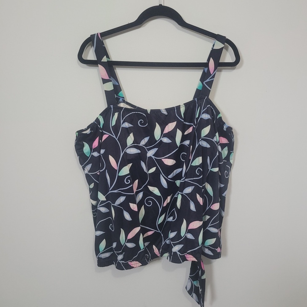 Penbrooke 24W Tankini Top Womens Black Pastel Leaf Print Tummy Thinner Side Tie‎